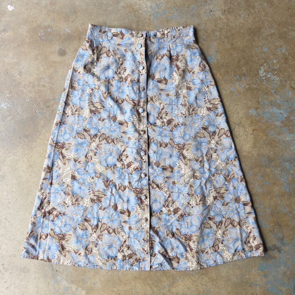 Vintage 90s Floral Print Midi Skirt Size M Button Front Blue Brown Whimsical